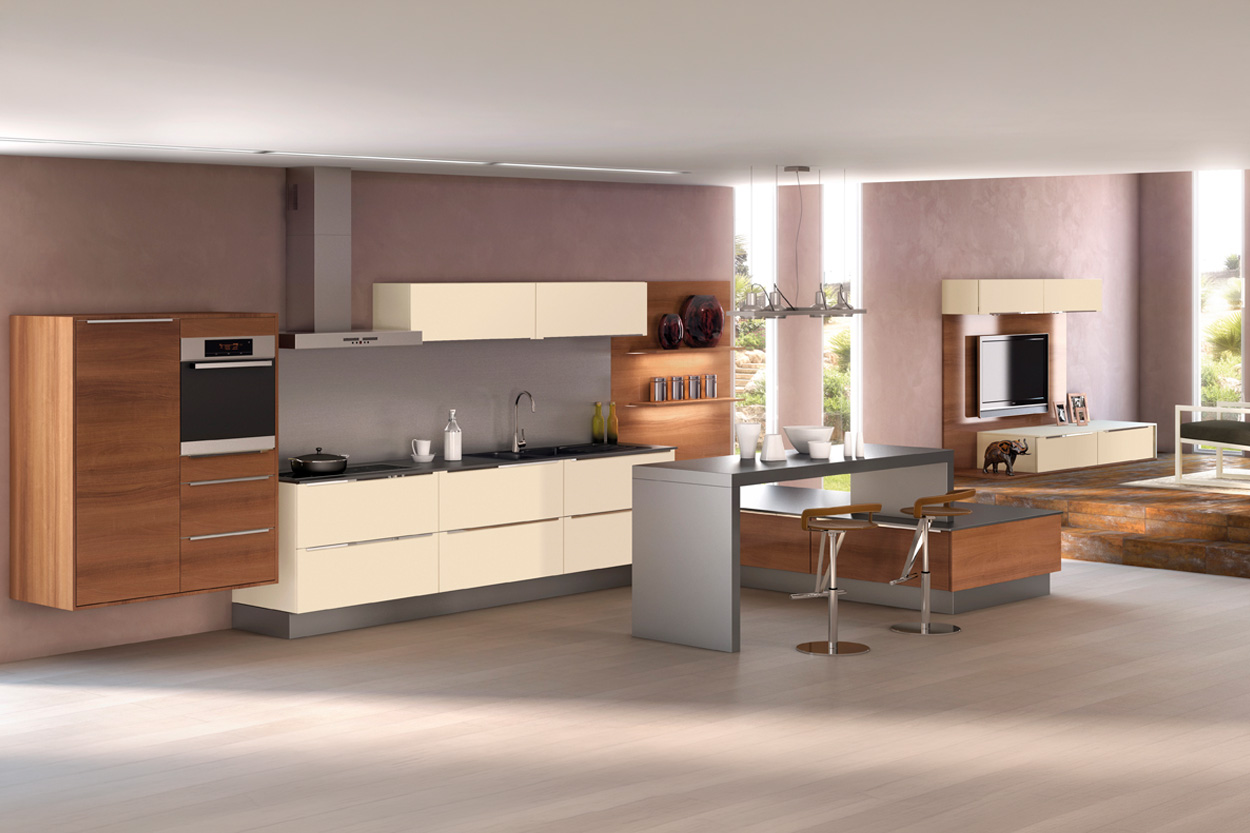 Cuisine moderne ouverte sur salon avec meubles bois et façades claires - Cheminées Philippe à Dax