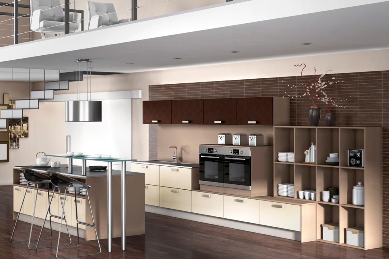 Cuisine design avec îlot central, rangements ouverts et espace repas - Cheminées Philippe à Dax