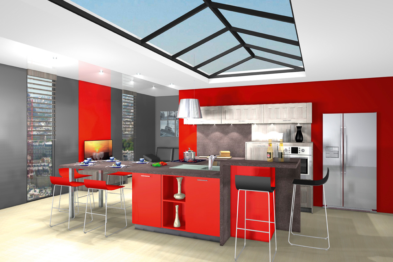 Cuisine rouge design avec îlot central sous verrière - Cheminées Philippe à Dax
