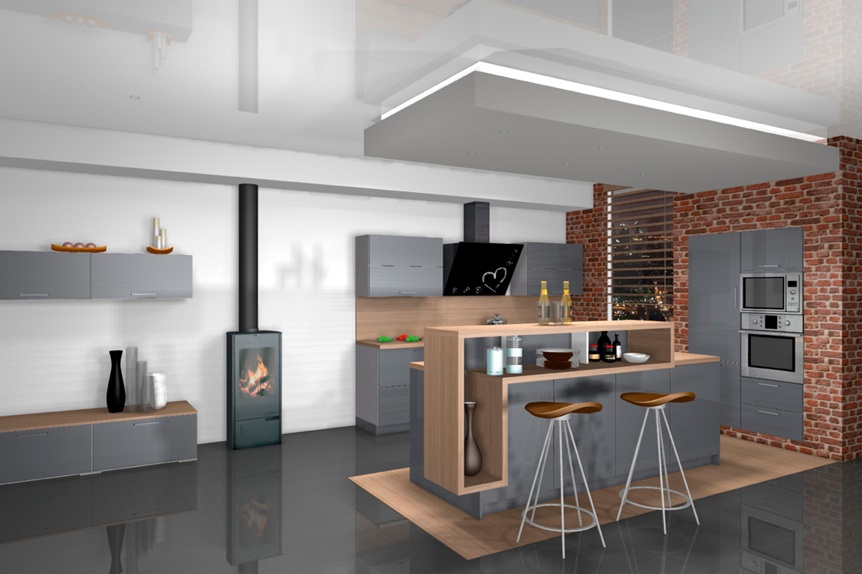 Cuisine moderne grise et bois avec îlot central dans un intérieur loft - Cheminées Philippe à Dax