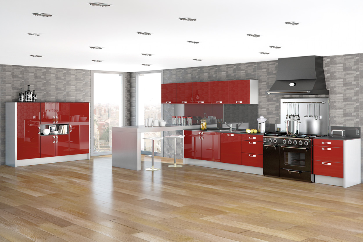 Cuisine design rouge brillante avec grand piano de cuisson - Cheminées Philippe à Dax