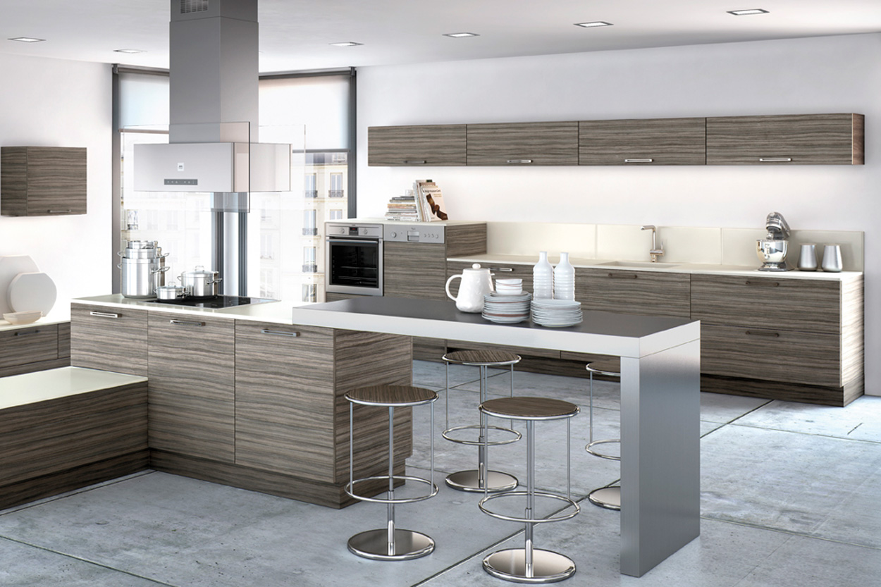Cuisine design en bois avec îlot central et espace repas - Cheminées Philippe à Dax